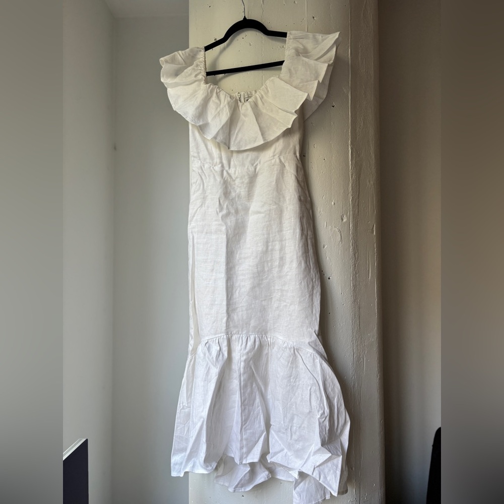Reformation White Strapless Ruffle Linen Dress
